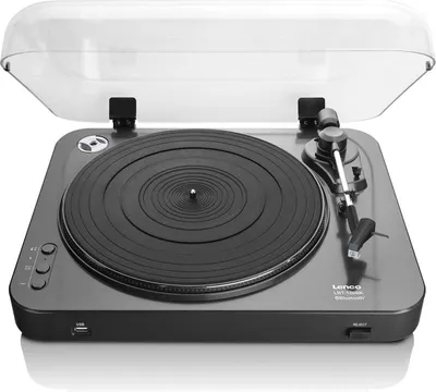 A black Lenco turntable with a clear dust cover.
