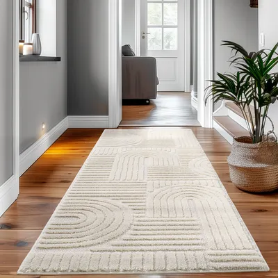 Produktbild von Hochflor Teppich Wohnzimmer Küchenteppich Schlafzimmer Flur Skandi Boho Teppich 3D Design Flauschig Weich , Größe : 80 x 150 cm , Farbe : Creme