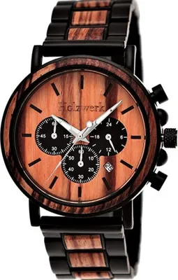 Produktbild von Holzwerk BERNAU Herren Edelstahl & Holz Uhr Chronograph mit Datum, schwarz, rot