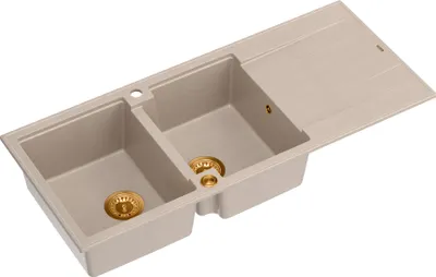 Obrázok produktu pre QUADRON Dvojdrezový drez | Rozmery: 116 x 50 x 21 cm | EVAN 121 | Kuchynský drez Granitový drez z GraniteQ so sifónom | Béžová a medená farba