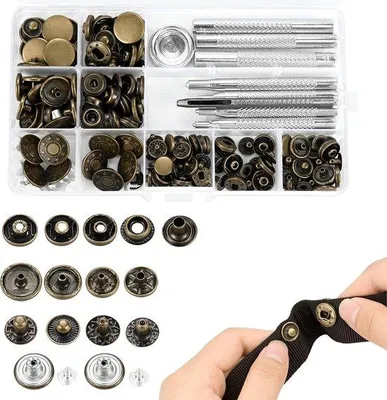 Obrázok produktu pre 50 kovových patentiek, rôzne veľkosti 10/12/15/17 mm, 9 nástrojov a úložná krabička, suchý zips na kožu, ručná výroba, peňaženka, kabelka, džínsy