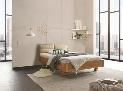 Produktbild von TJARK Modernes Massivholzbett 140x200 - Komfortables & hochwertiges Balkenbett mit gepolstertem Kopfteil - 146 x 89 x 219 cm (B/H/T)