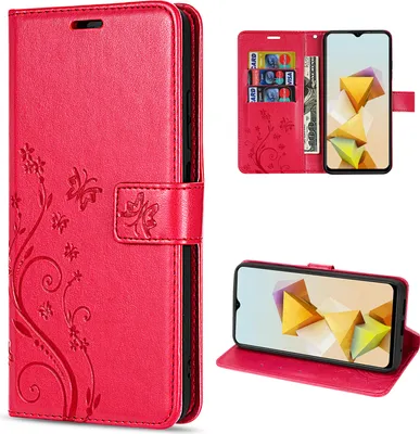 A collage of images showing a red flip phone case with a floral design, a phone inside the case, and the case in a stand-up position.