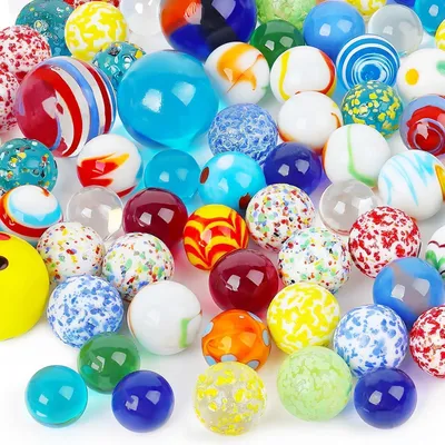 A collection of colorful glass marbles arranged on a white background.