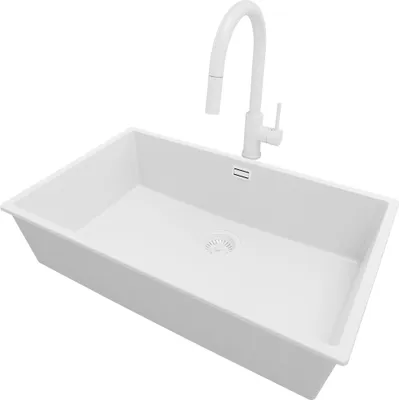 Produktbild von PRIMAGRAN Granitspüle Alles Weiß 76x47cm, Spülbecken 1 Becken + Küchenarmatur 40x20cm + Ablauf-Set, Küchenspüle ab 80er Unterschrank - London Slim