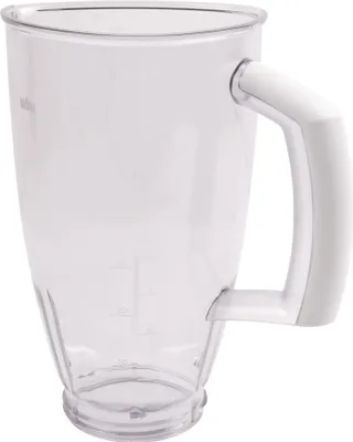 A clear, studio shot of a transparent blender jug with a white handle.