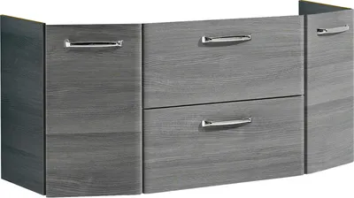 A gray wooden vanity cabinet with two drawers and two side cabinets.