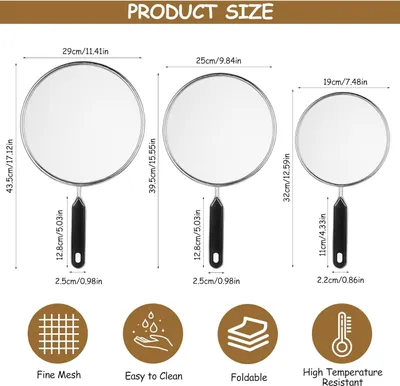 Obrázek produktu pro Sada 3 kusů ochranných krytů proti stříkání, nerezová ocel 304, univerzální kryty s rukojetí pro pánve o průměru 19 cm, 25 cm a 29 cm, ochrana proti stříkání tuku do kuchyně