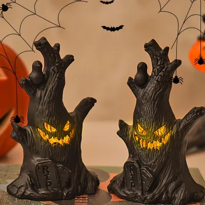 Obrázok produktu pre Halloween dekorácie peň stromu ducha s LED svetlom, Halloween peň stromu ducha figúrky svietiace, LED peň stromu ducha na batérie, 2 kusy