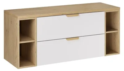 Productafbeelding van Hangend badkamermeubelset OSTER 120cm: witte onderkast met lades en zichtbare nissen + blad voor wastafel