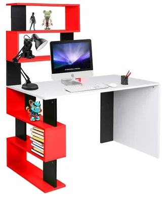 Büro-Schreibtisch mit 2 Bücherregalen, 7 Böden, 120x60x148 cm, rot