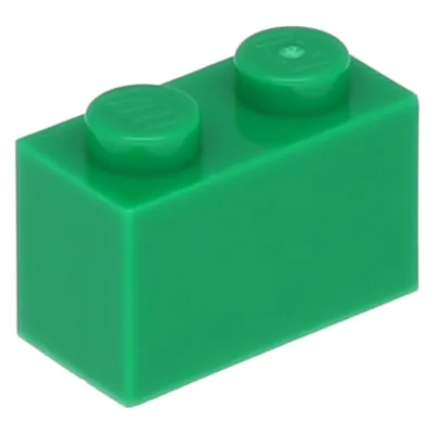A single green LEGO brick with two studs on top, isolated on a white background.