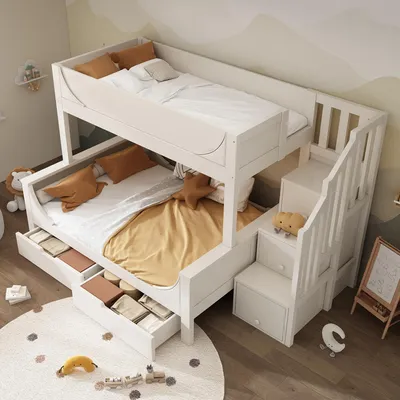 Immagine prodotto di letto a castello okwish 90x200/140x200cm per bambini con materasso, letto in legno con armadio a scaletta e cassetti, letto per ragazzi con protezione anticaduta e rete a doghe, bianco