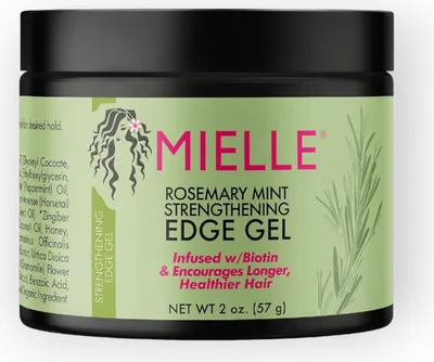 A product shot of a jar of Mielle Rosemary Mint Strengthening Edge Gel.