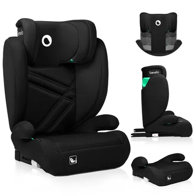 A collage of images showing a black car seat from different angles and with some of its components.