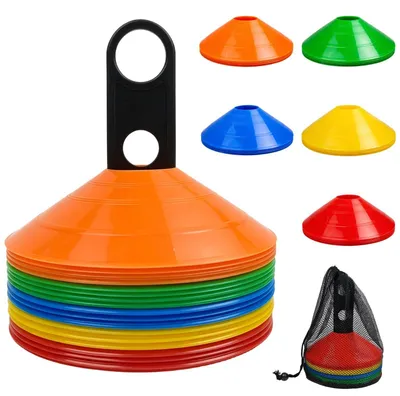 Image de 50 cônes de signalisation ronds avec support et sac en filet, cônes de sport, 5 couleurs