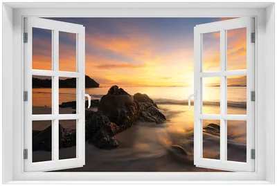 Produktbild von Wallario Premium Glasbild mit Fensterrahmen, freischwebende Optik, kräftige Farben, Größe 60 x 90 cm Motiv Sonne über dem Meer mit Felsenlandschaft