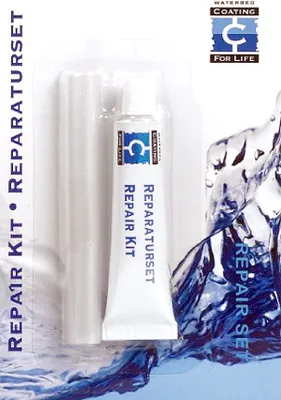 A blister pack containing a repair kit for a waterbed, with a tube of sealant and some patches. The background features an abstract representation of water.
