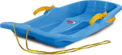 A blue plastic sled with yellow handles and a rope, shown on a white background.