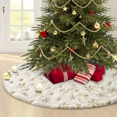 Weihnachtsbaumdecke 122 cm, weiß, Kunstbont, Schneeflocken, rund
