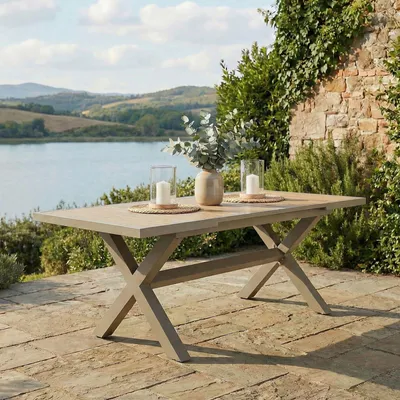 Produktbild von Gartentisch LAGOA 180- 240 cm ausziehbar, Champagner/Natur – Terrassentisch wetterfester WPC-Tischplatte in Teak-Optik & Alu Gestell für Garten Terrasse oder Balkon