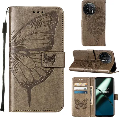Produktbild von Lederhülle für OnePlus 11 Schmetterling Prägung Flip Ledertasche Kartenfächer Handyhülle mit Ständer Grau