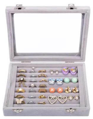 Zdjęcie produktu dla Kurtzy Jewelry Organizer Ring Storage Jewellery Box Grey, aksamitne pudeko ze szklan pokryw i 7 miejscami - pudeko do przechowywania biuterii