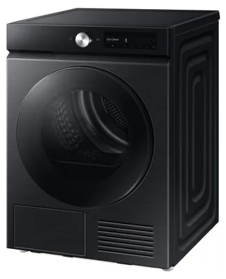 A black Samsung washing machine is shown from a front-diagonal angle against a light gray background.