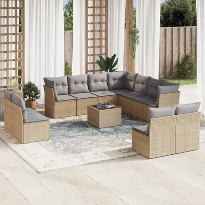 Produktbild von Design 12-tlg. Garten-Sofagarnitur mit Kissen Beige Poly Rattan, Gartenmöbel-Sets 2024 Neu