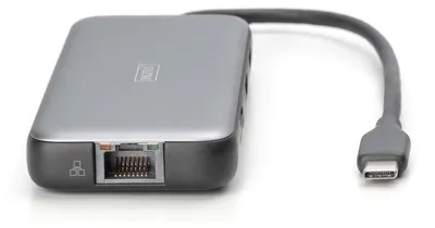 Produktbild von Digitus USB-C Docking Station, 8-Port, Kabelgebunden, USB 3.2 Gen 2 (3.1 Gen 2) Type-C, 100 W, 1.4/2.2, 10,100,1000 Mbit/s, Schwarz, Grau