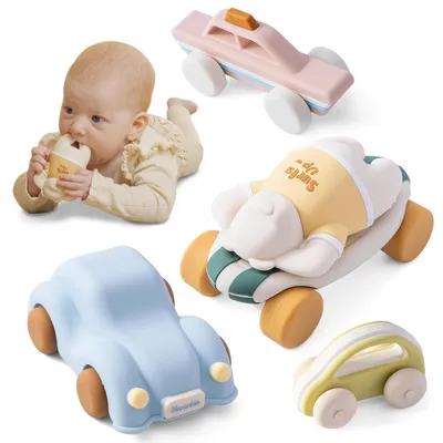 Image de Jeu de voitures miniatures, coffret de 5 pièces, anneau de dentition en silicone, pour bébés de 6 mois et plus, sans BPA, stimulant les sens
