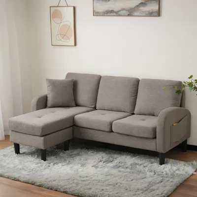 Produktbild von okwish Ecksofa mit Chaiselongue, 3-Sitzer Sofa mit Kunststoffbeine,Baumwoll-Leinenstoff, Ideal für Wohnzimmer, Apartments und Büros, Dunkelgrau