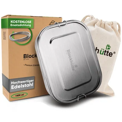 Blockhütte. Premium Edelstahl Brotdose 1400ml, inkl. Fächern & Ersatzdichtung. Die Frischhaltedose mit Trennwand ist auslaufsicher
