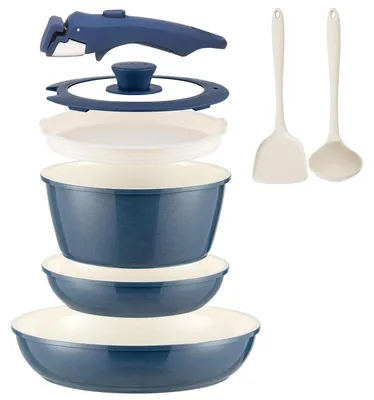 Image de Ensemble de poêles en céramique, 8 pièces, de couleur bleue, avec manche amovible, compatible induction et lavable au lave-vaisselle