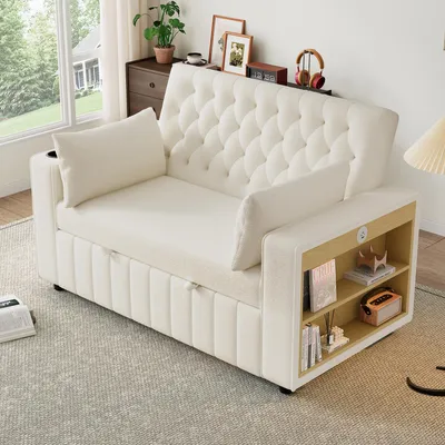 Obrázek produktu pro okwish Moderní skládací Rozkládací postel Chaiselongue s úložným prostorem a spací funkcí, Relaxační křeslo s USB portem a polštáři, Čalouněný nábytek s držákem na nápoje, Béžová