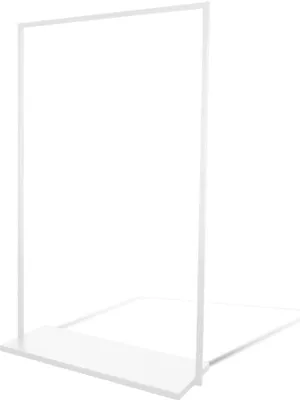 A white metal clothing rack with a shelf.