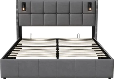 Produktbild von 140x200 cm Stauraumbett mit Lattenrost, Polsterbett mit USB- und Typ-C-Anschluss, LED, Samt, Grau