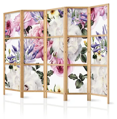 Immagine prodotto di Pannello divisorio giapponese, 5 ante, pieghevole, realizzato in tessuto non tessuto di alta qualità, motivo acquerello con fiori, ideale per il soggiorno, dimensioni 225 cm x 172 cm