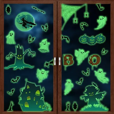 Immagine prodotto di Adesivi per finestre a tema Halloween, luminosi, decorazioni per pareti con fantasmi, zucche e teschi, in vinile, ideali per la decorazione di salotti, camere da letto e feste