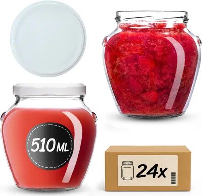 Productafbeelding van KADAX Inmaakpotten, 510 ml, met schroefdeksel, diameter 82 mm. Inmaakpotten met deksel, geschikt voor het inmaken van honing, fruit en groenten. Inmaakpotten (wit, 24 stuks)
