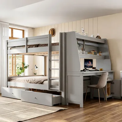 Produktbild von Merax Etagenbett 140x200 cm mit Schreibtisch und Schrank, Kinderbett mit Schubladen und Ablage, Holzbett mit Sicherheitsgeländer und Lattenrost, Grau