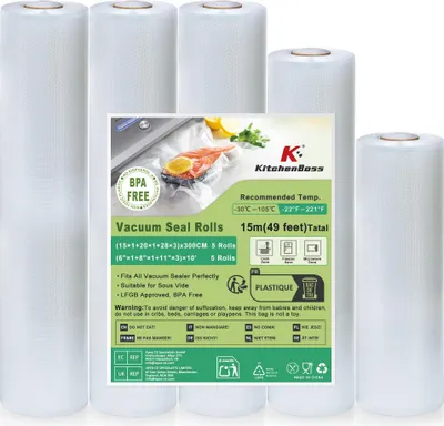 Zdjęcie produktu dla Worki do pakowania próżniowego KitchenBoss, 5 rolek: worki do pakowania próżniowego o wymiarach 28x3, 20x1, 15x1, 30