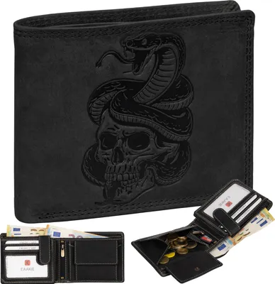 Produktbild von Geldbörse Herren Echt Leder RFID Portemonnaie Büffelleder mit geprägtem Motiv Schwarz Querformat Schlange