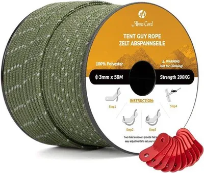 Produktbild von Zeltleine reflektierend mit 3 mm Durchmesser, 50 m Länge und 10 Aluminium-Spanner - Für Camping und Outdoor-Aktivitäten