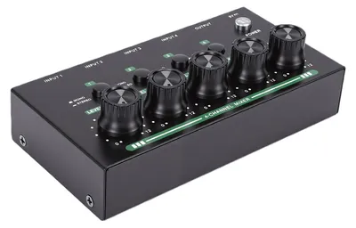 Zdjęcie produktu dla 4-kanałowy mikser dźwięku – przenośny mikser stereo z akumulatorem i niskim poziomem szumów do nagrań w domowym studiu i transmisji na żywo – kolor czarny