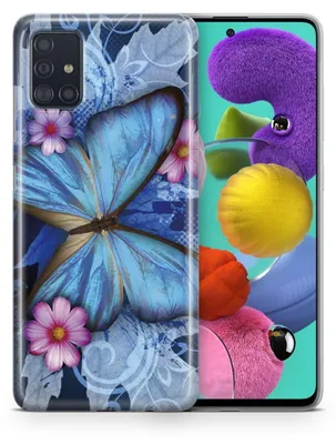 A smartphone case with a butterfly design is shown next to a colorful abstract background.