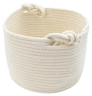 Produktbild von Kleiner, geflochtener Aufbewahrungskorb mit stabilem Griff, wiederverwendbarer Geschenkkorb (leer), Spielzeugorganizer für Babys, Baumwollseil, Wäschekorb für Babys (24 x 18 cm), weiß