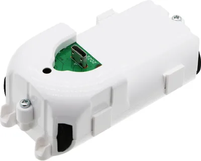 A white electronic device with a green circuit board and a USB-C port is shown against a white background.