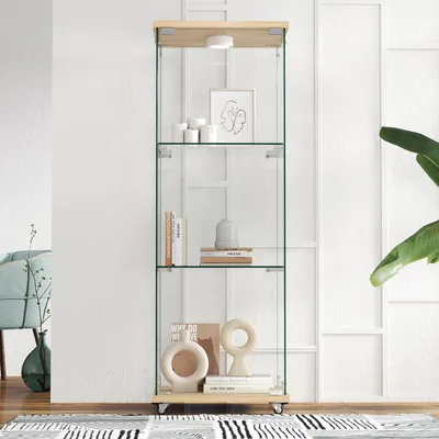 Productafbeelding van Moderne glazen vitrine, met LED-verlichting, 1 deur, 3 niveaus, houtlook
