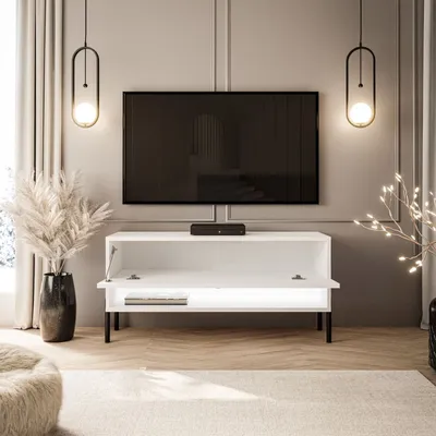 A modern living room with a TV stand, TV, and decorative elements.